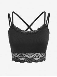 Plus Size Lace Panel Ribbed Strappy Crop Top -  