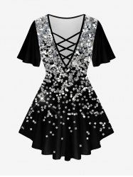 Plus Size Sparkles Glitter Printed Crisscross Short Sleeves Tee -  