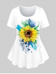 Plus Size Sunflower Paint Splatter Printed Short Sleeves Tee -  