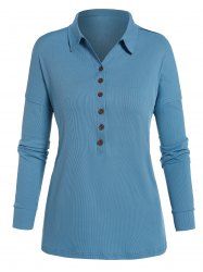 Textured Plain Color Half Button Turn Down Collar Long Sleeve T Shirt -  