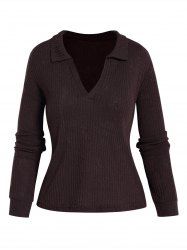Textured Plain Color V Notched Turn Down Collar Long Sleeve T Shirt -  