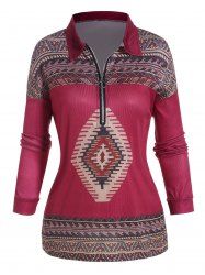 Tribal Geometric Print Long Sleeve Half Zipper Top -  