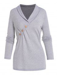 T-shirt Chiné Boutonné à Manches Longues à Col Relevé - Gris 2XL