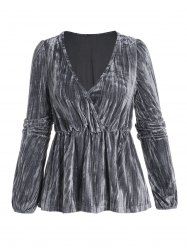Haut Chiné Superposé Taille Elastique à Col Plongeant à Manches Longues en Velours - Gris M