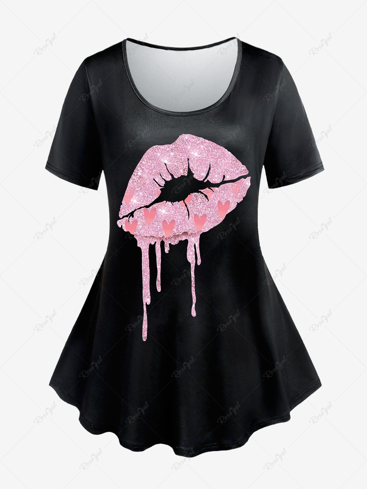 T-shirt à Imprimé Cœur Lèvre à Manches Courtes de Grande Taille Noir L | US 12