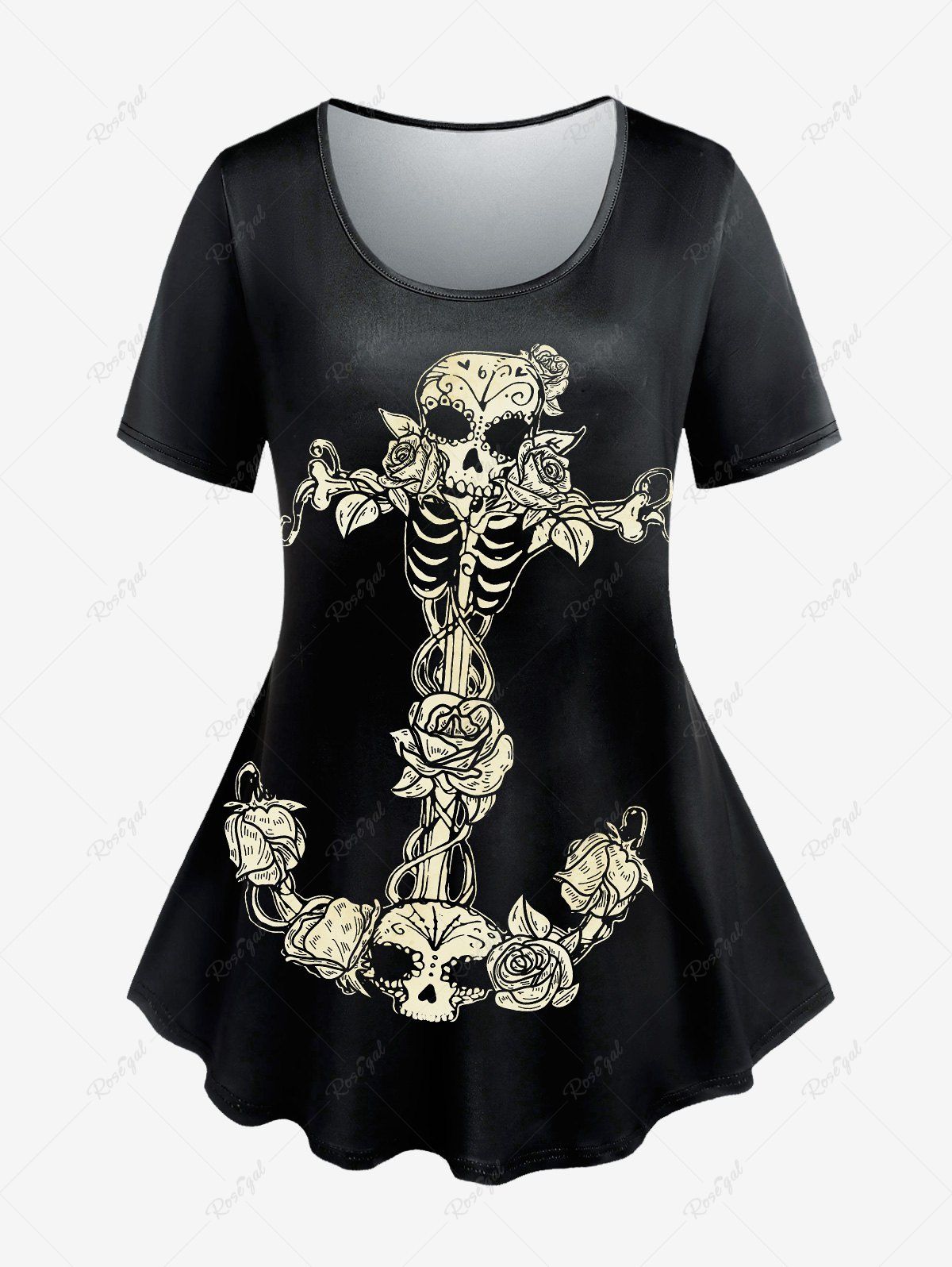 Hot Gothic Skull Rose Anchor Print T-shirt  