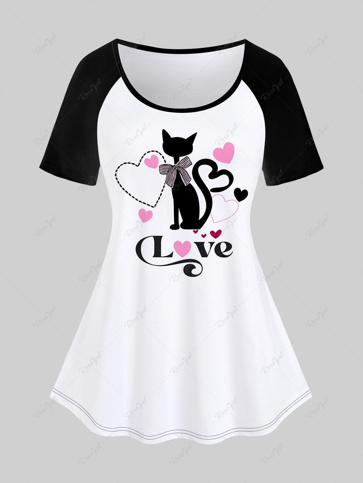 Discount Plus Size Valentines Cat Love Heart Printed Raglan Sleeves Graphic Tee  