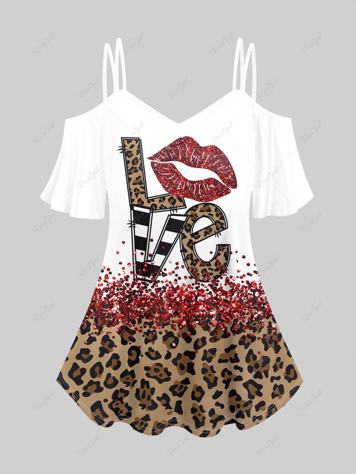 Trendy Plus Size Valentines Lip Love Leopard Printed Cold Shoulder Tee  