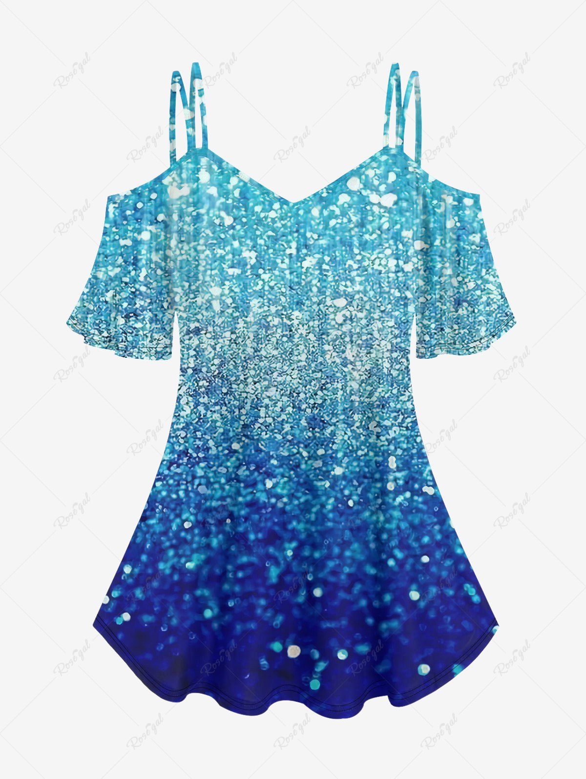 Fashion Plus Size Glitter Sparkles Printed Cold Shoulder T-shirt  