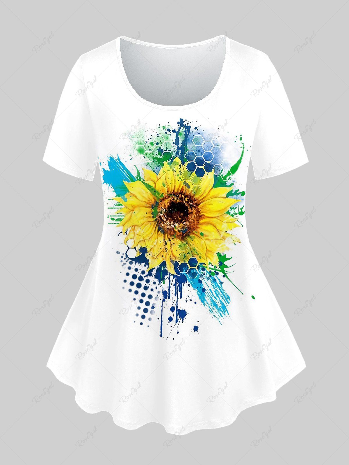 Shops Plus Size Sunflower Paint Splatter Printed Short Sleeves Tee  