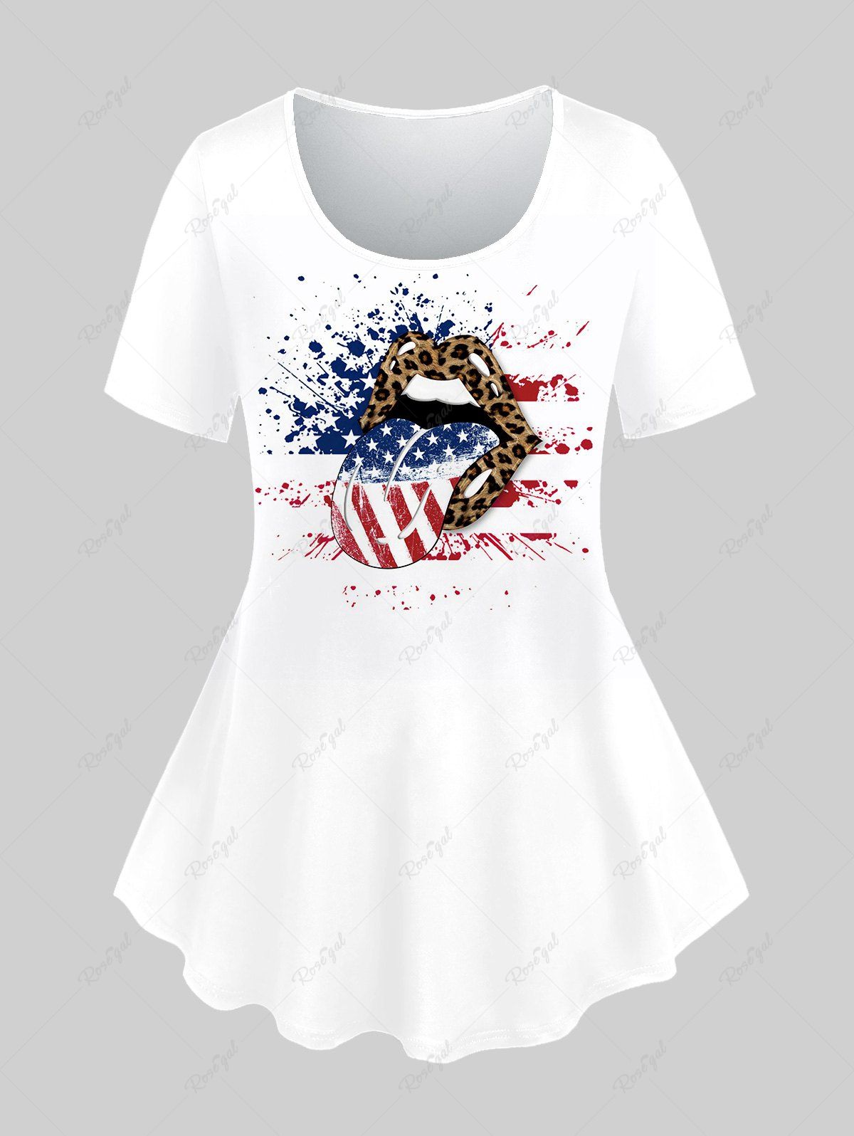 T-shirt Graphique Drapeau Américain Lèvre Léopard de Grande Taille Blanc 4X | US 26-28