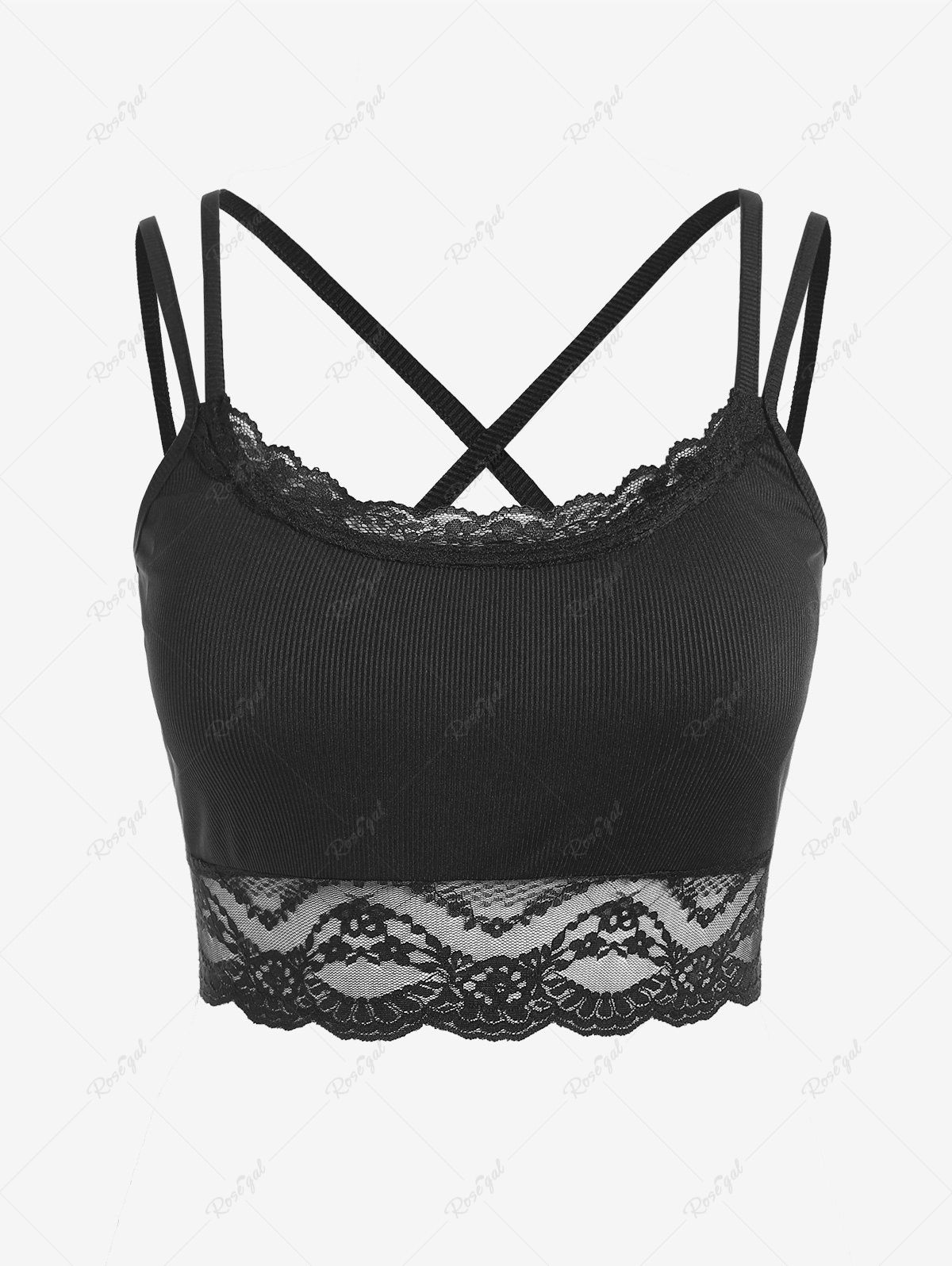 Affordable Plus Size Lace Panel Ribbed Strappy Crop Top  