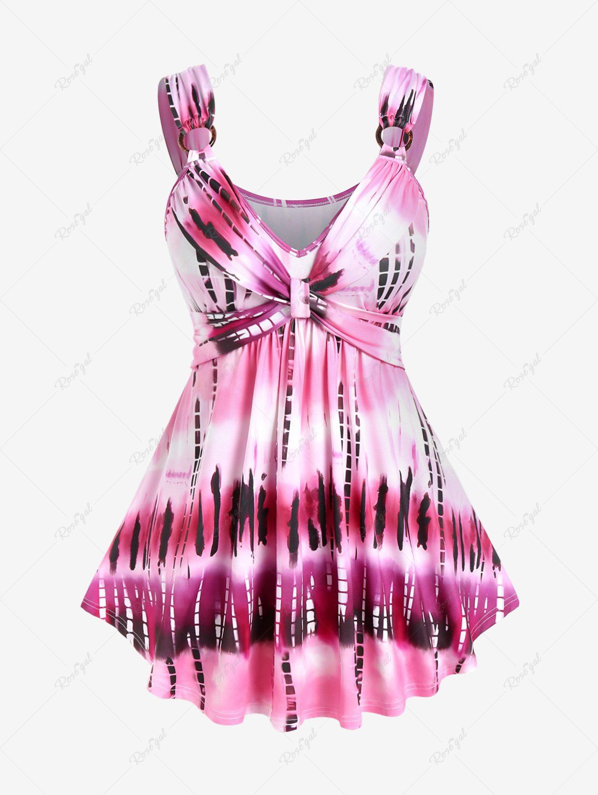 Hot Plus Size O-ring Tie Dye Tank Top with Knot  