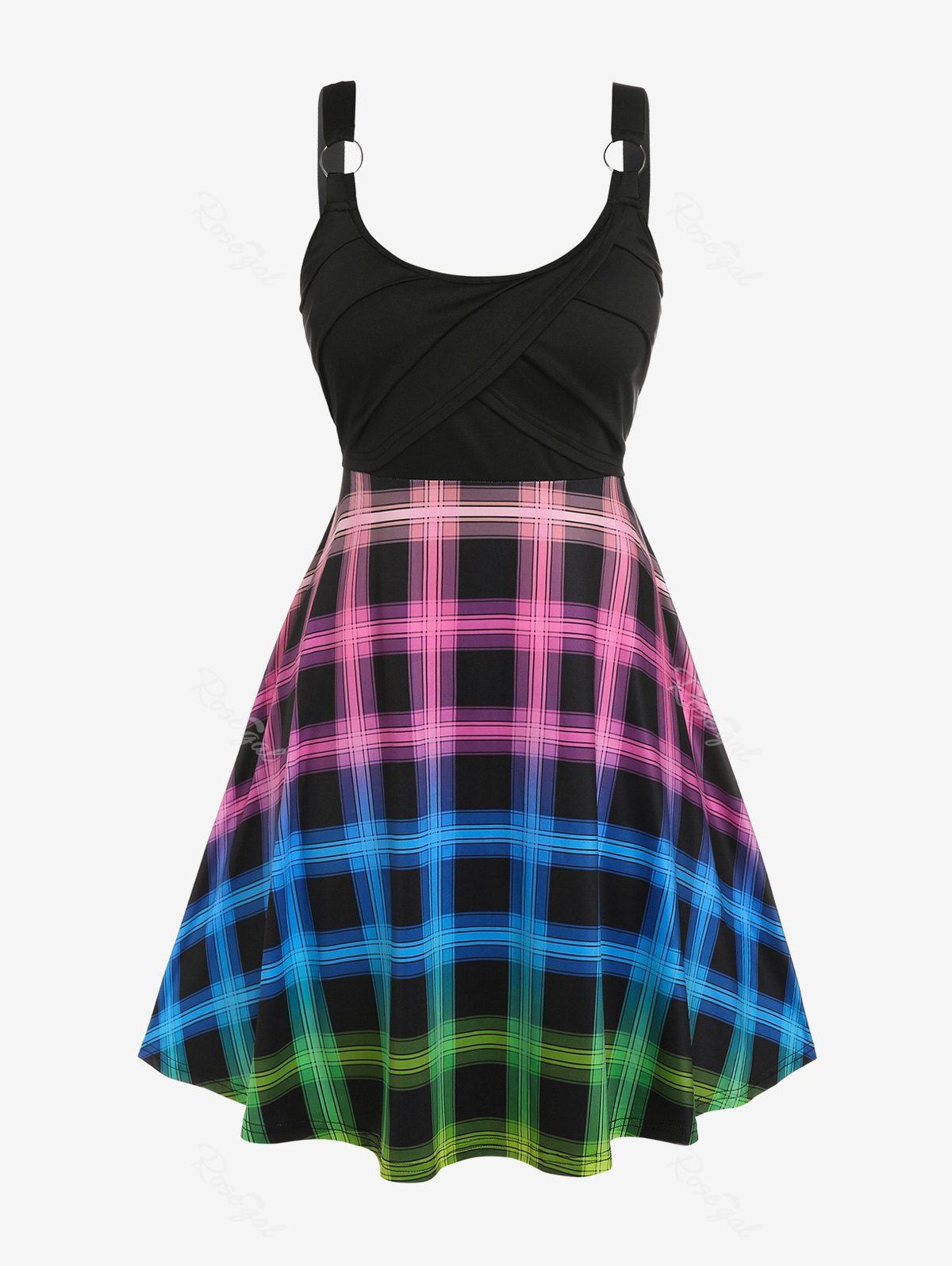 Shops Plus Size Colorful Plaid O Ring Flare 1950s Dress  