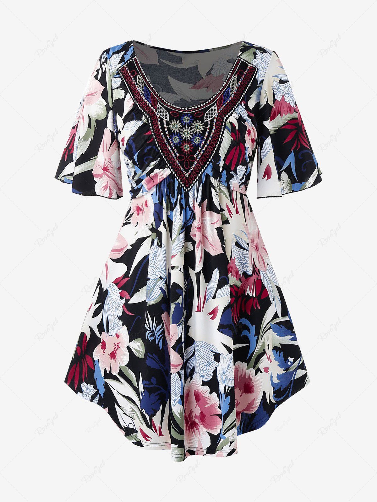 Online Plus Size & Curve Floral Print Embroidered T-shirt  