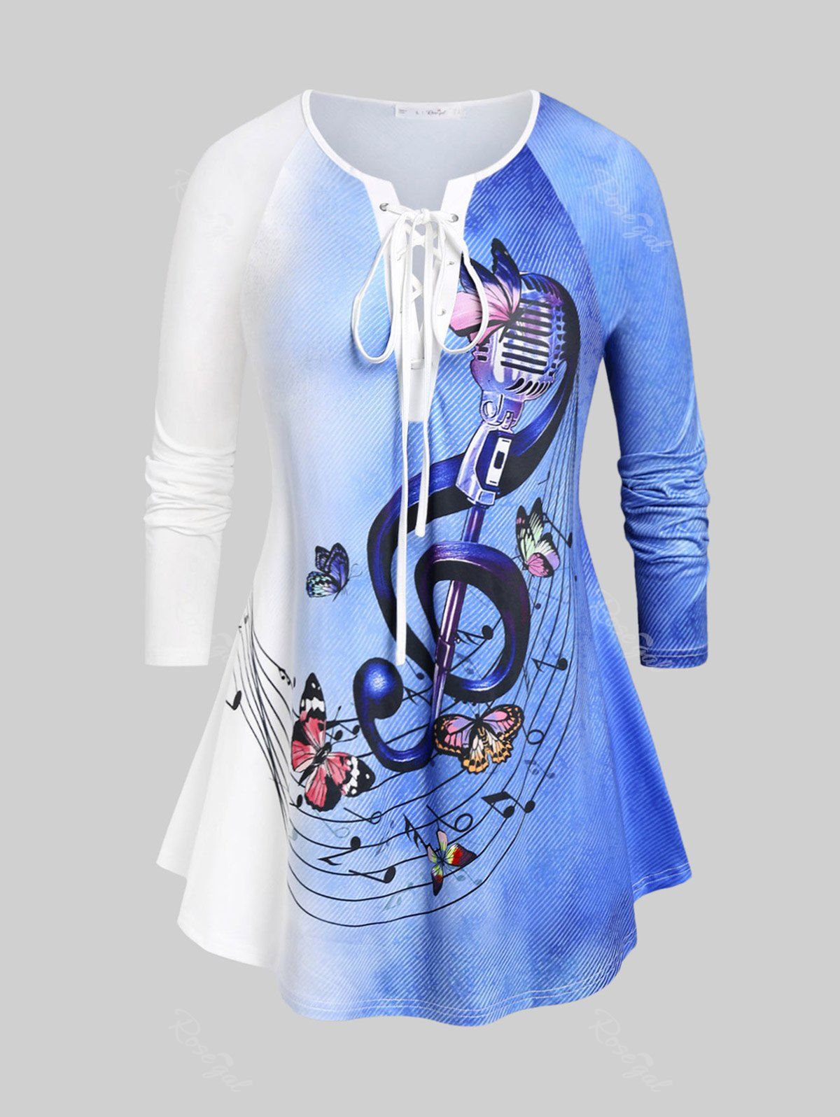 T-shirt Ombré à Imprimé Note de Musique de Grande Taille à Lacets Bleu 3X