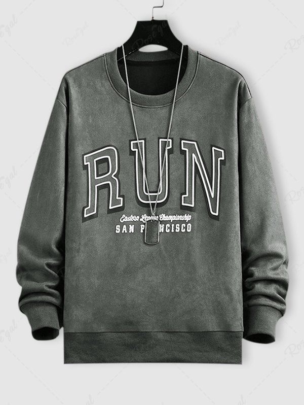 Cheap RUN Graphic Pattern Pullover Faux Suede Sweatshirt  