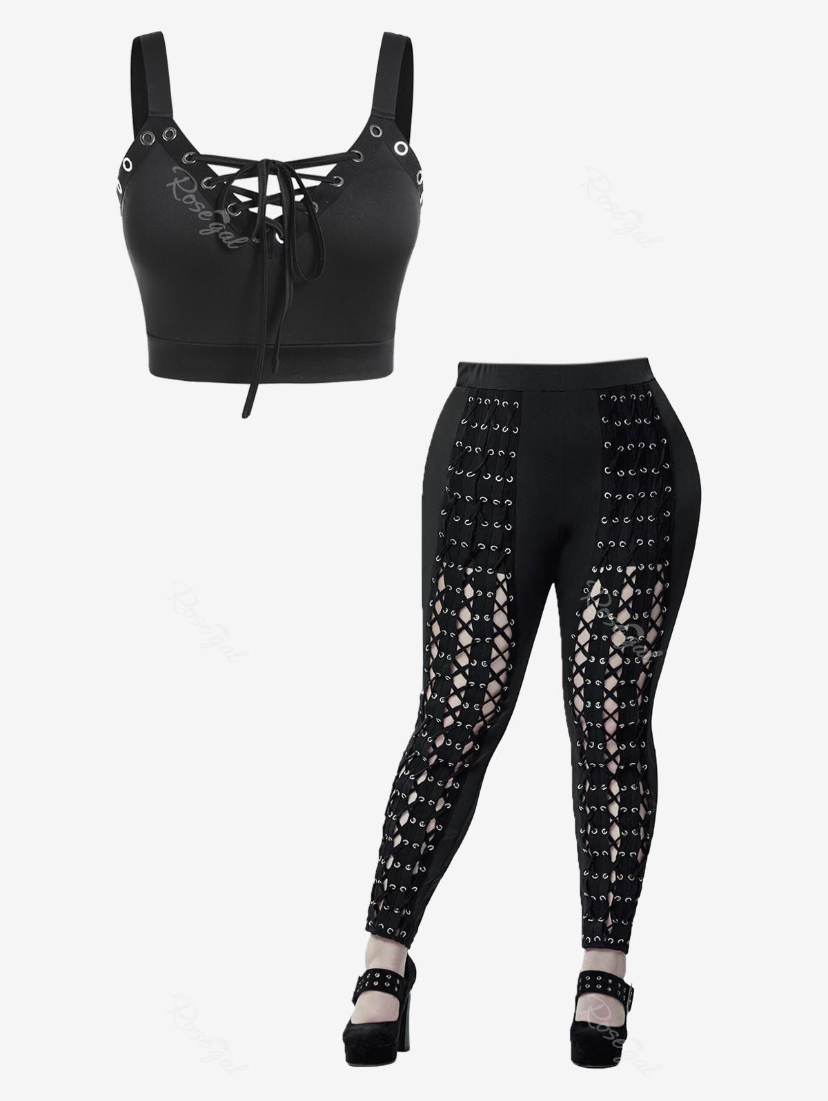 Ensemble avec Haut Moulant Transparent Gothique Sans Dos et Pantalon  à Lacets avec Œillet Grande Taille Noir 