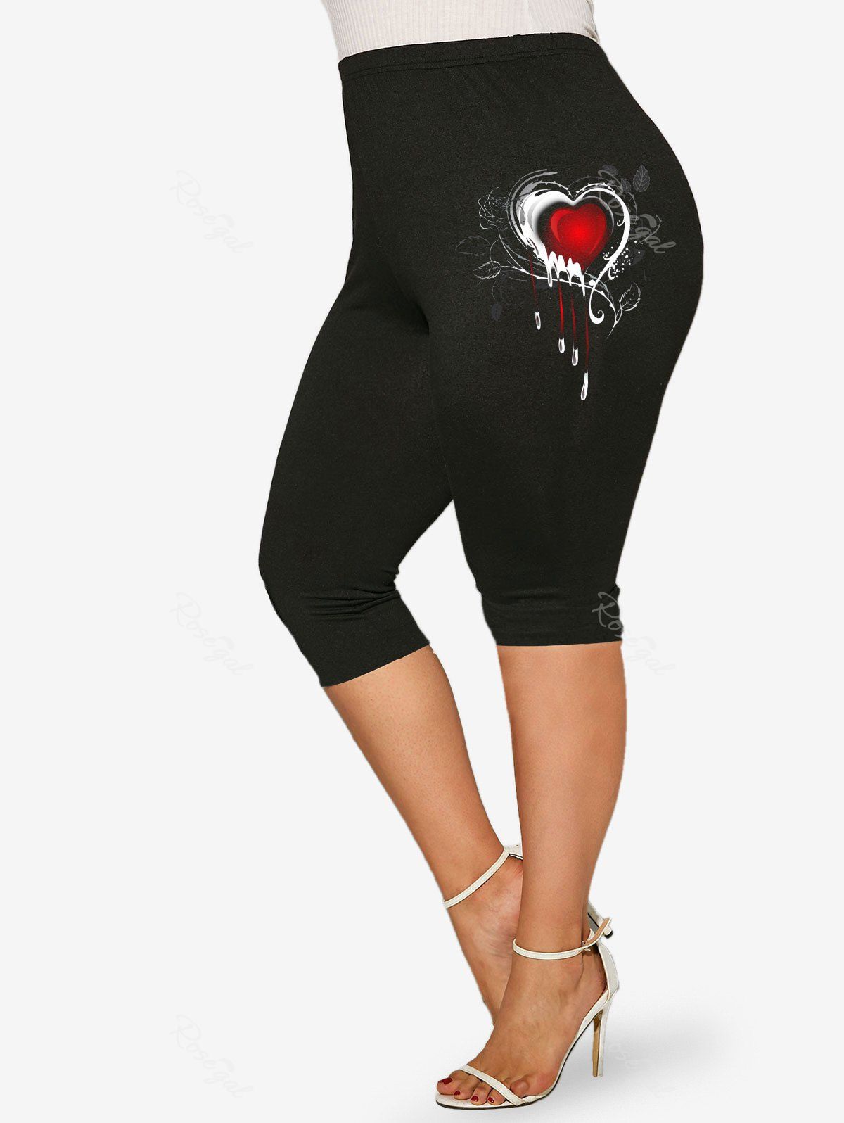Shop Plus Size Valentines Heart Printed Capri Leggings  
