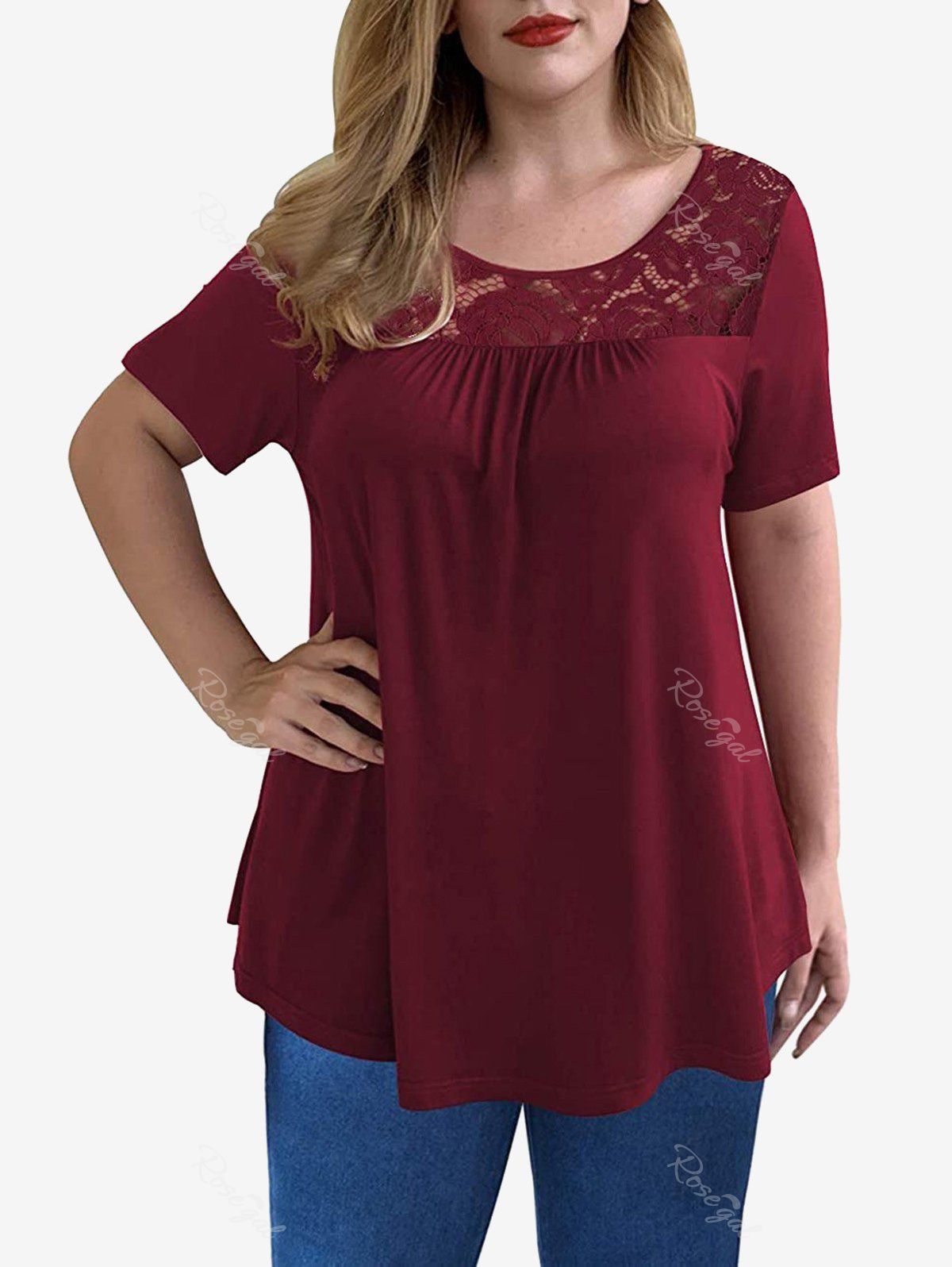 T-shirt Panneau en Dentelle de Grande Taille Rouge foncé XL