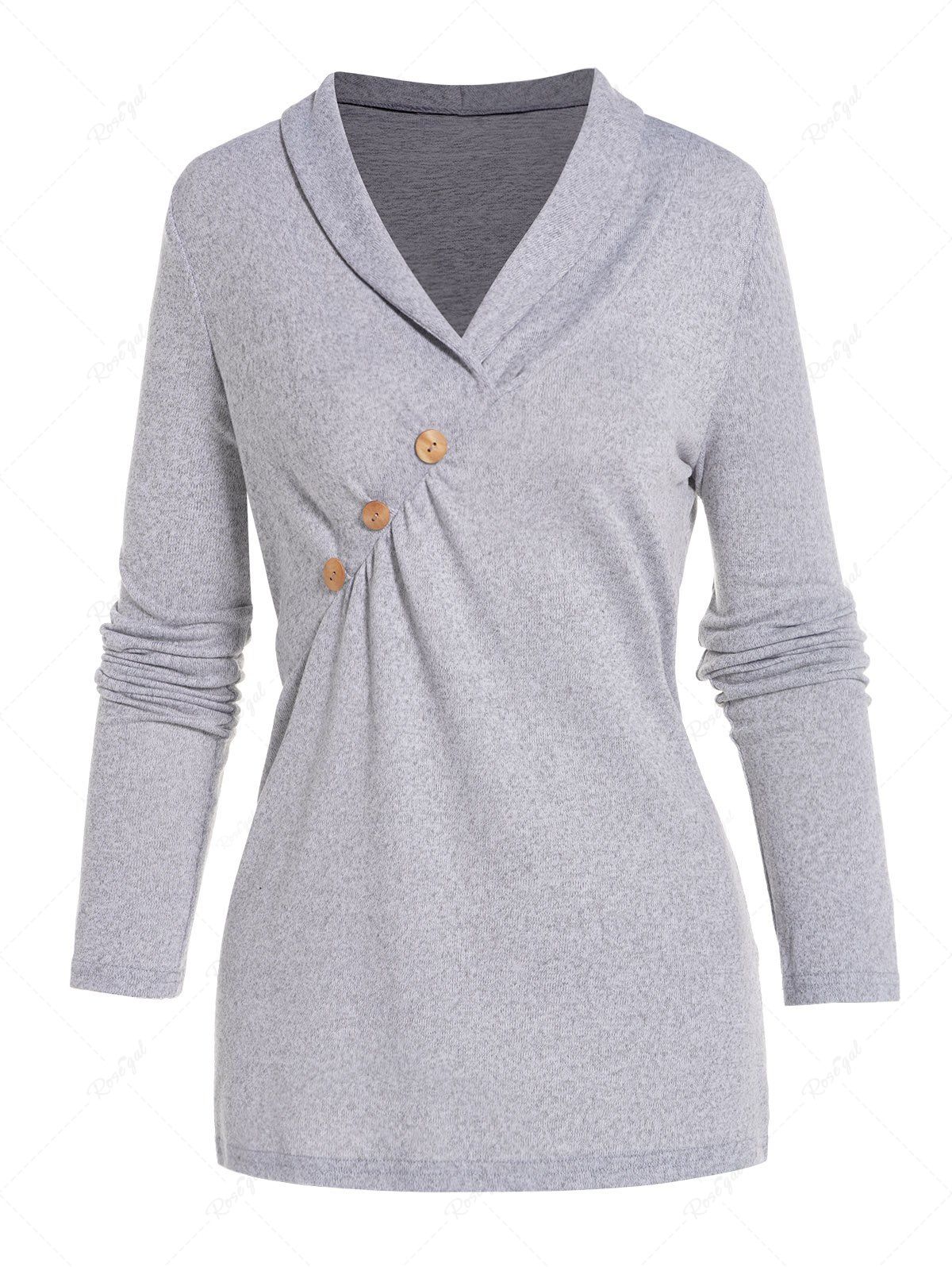 T-shirt Chiné Boutonné à Manches Longues à Col Relevé Gris 2XL