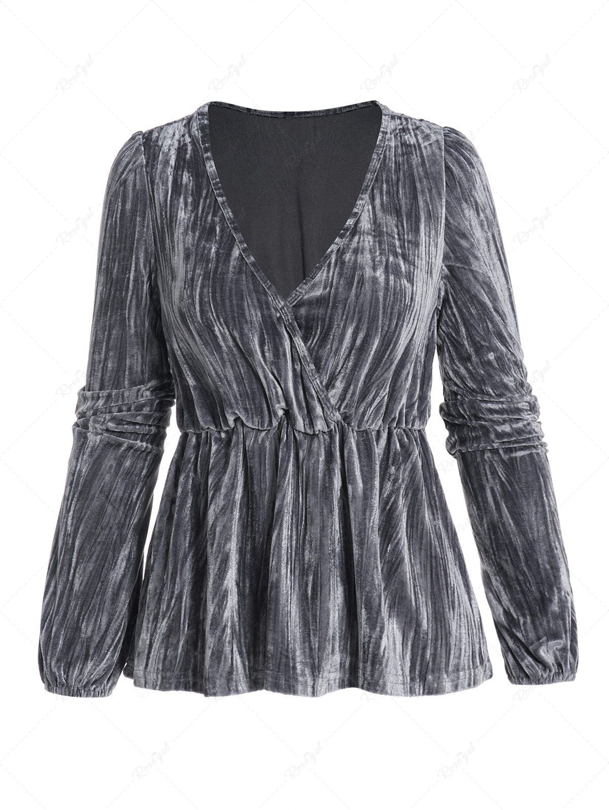 Haut Chiné Superposé Taille Elastique à Col Plongeant à Manches Longues en Velours Gris M