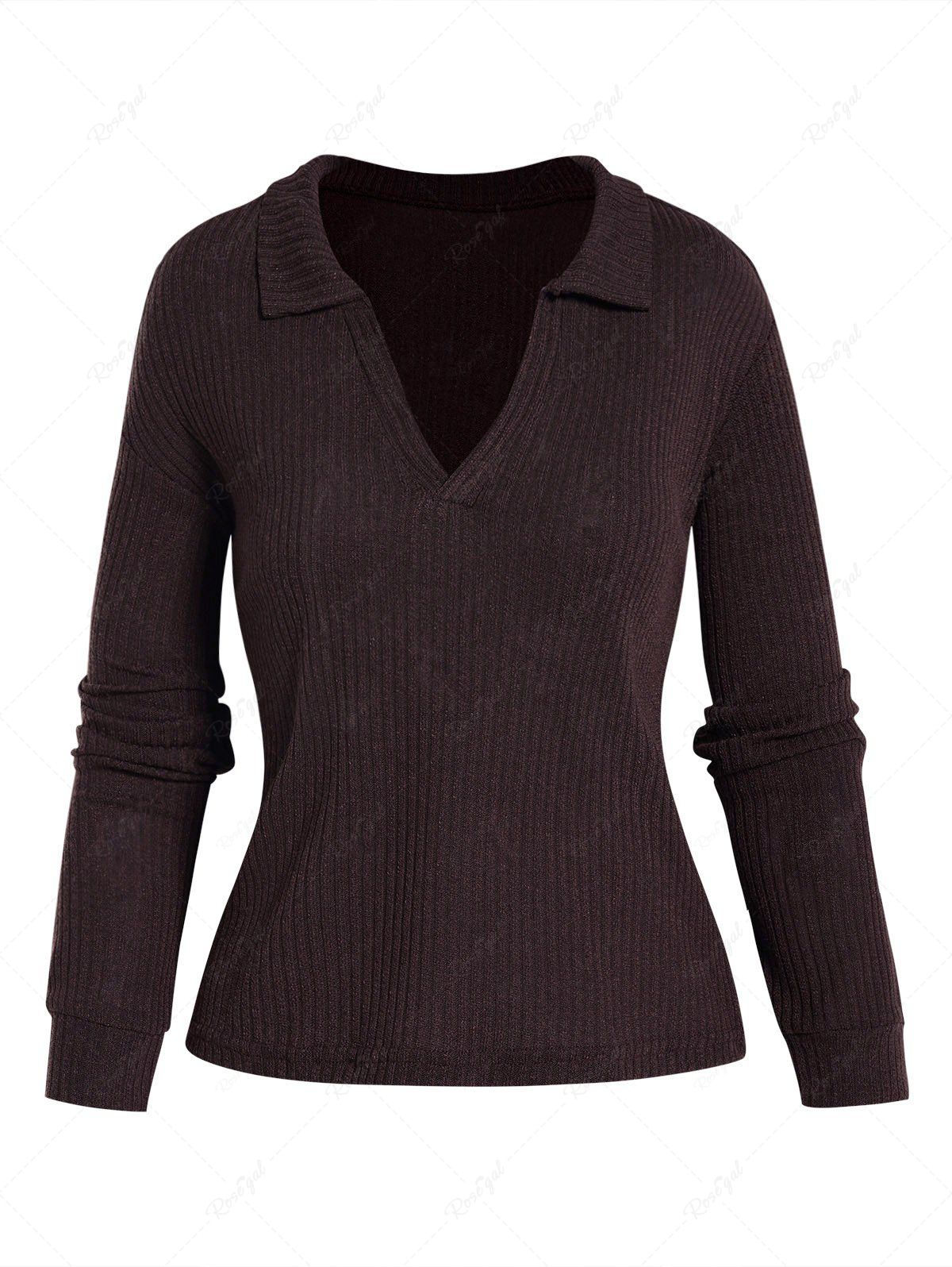 Shops Textured Plain Color V Notched Turn Down Collar Long Sleeve T Shirt  
