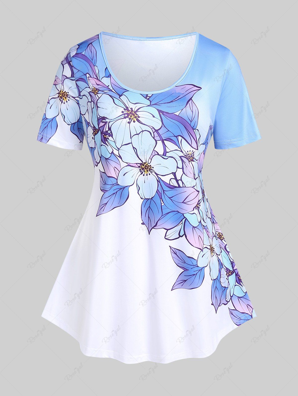 T-shirt Bicolore à Imprimé Fleur à Manches Courtes de Grande Taille Bleu 5x | US 30-32