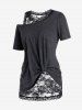 Plus Size Skew Neck Knotted Tee and Sheer Lace Tank Top Set -  