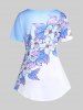 T-shirt Bicolore à Imprimé Fleur à Manches Courtes de Grande Taille - Bleu 5x | US 30-32