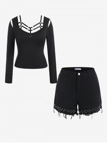 Strappy Rings Cutout Top and Studs Ripped Denim Shorts Plus Size Summer Outfit - BLACK