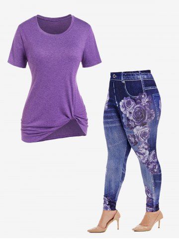 Space Dye Short Sleeves Tee and High Rise Floral Gym 3D Jeggings Plus Size Outfit - PURPLE