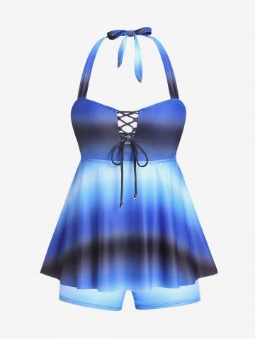 Halter Open Back Tie Dye Plus Size & Curve Modest Tankini Swimsuit - BLUE - 5X