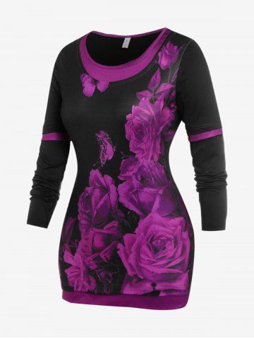 T-Shirt Papillon 2 en 1 à Imprimé Floral Grande Taille - PURPLE - 4X