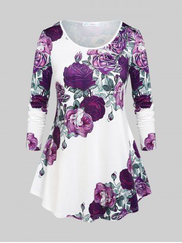 Plus Size Floral Print T-shirt - WHITE - 5X