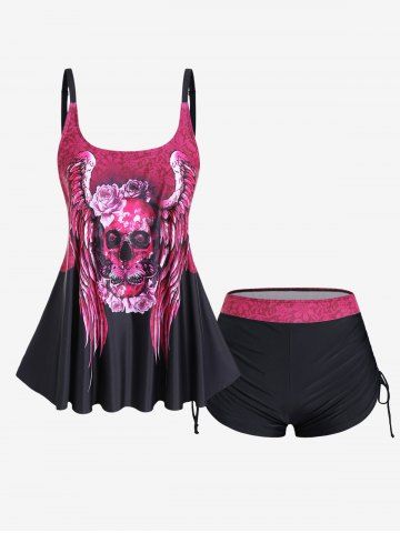 Plus Size Skull Rose Wing Print Cinched Boyshorts Tankini Swimsuit - RED - L | US 12