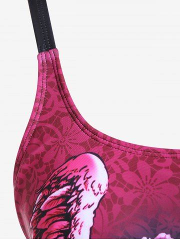 Plus Size Skull Rose Wing Print Cinched Boyshorts Tankini Swimsuit