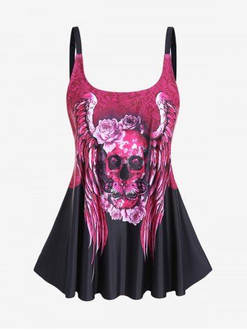 Plus Size Skull Rose Wing Print Cinched Boyshorts Tankini Swimsuit