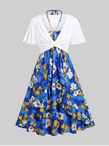 Plus Size Twist Plunging Crop Top and Halter Flounce Knot Floral Midi Dress - BLUE - 5X | US 30-32