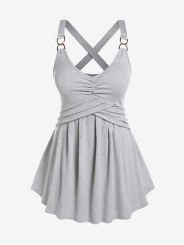 Plus Size Ruched Crossover Ribbed Knitted Tank Top - LIGHT GRAY - 1X | US 14-16