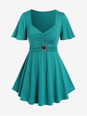 Plus Size Ruched Heart-ring Short Sleeves Solid Tee - DEEP GREEN - M | US 10