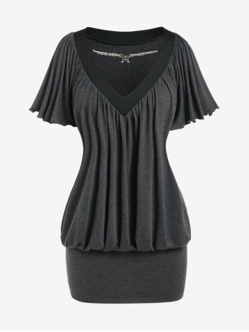 Plus Size Flutter Sleeves Pleated Chains Blouson Mini Bodycon Dress - BLACK - L | US 12