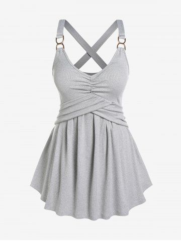 Plus Size Ruched Crossover Ribbed Knitted Tank Top - LIGHT GRAY - L | US 12