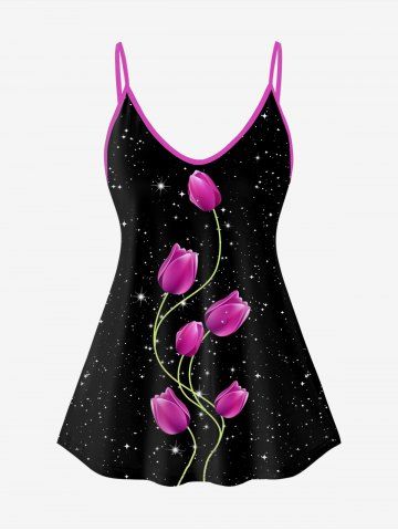 Plus Size Valentines 3D Sparkles Rose Printed Tank Top (Adjustable Straps) - PURPLE - S | US 8