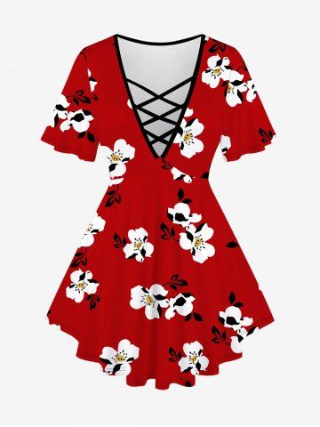 Plus Size Floral Print Crisscross Strappy Top - RED - S | US 8