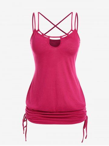 Plus Size Strappy Cinched Ruched Keyhole Cutout Cami Top - DEEP RED - M | US 10