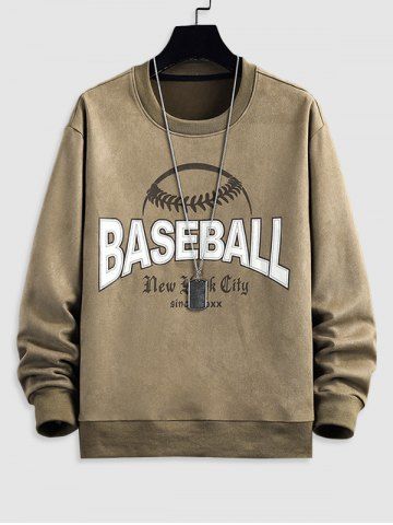 BASEBALL Graphic Pattern Faux Suede Sweatshirt - BROWN - XS