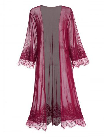 See Thru Lace Panel Full Sleeve Longline Lingerie Dress - DEEP RED - M