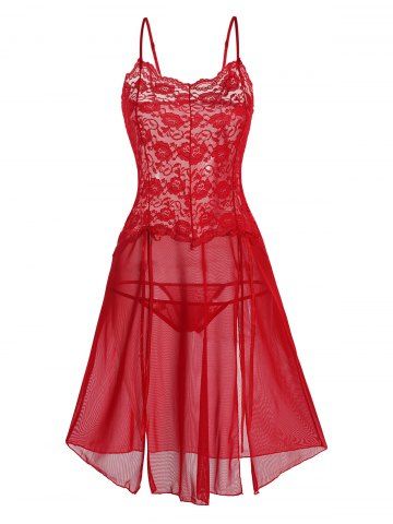 Sheer Flower Lace Panel High Slit Lingerie Dress Set - RED - XL