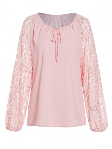 Blouse en Blocs de Couleurs Panneau en Dentelle Transparente à Manches Longues avec Trou de Serrure - LIGHT PINK - M